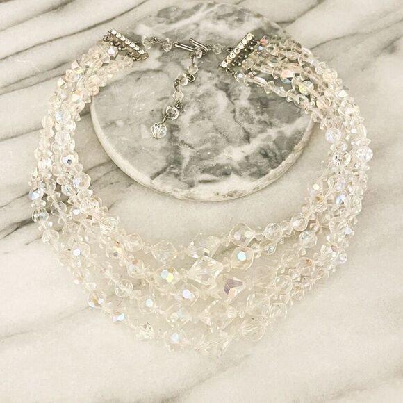 Vintage AB Crystal Necklace Clear Iridescent 5 Strand Layered Hook Closure - Picture 1 of 7